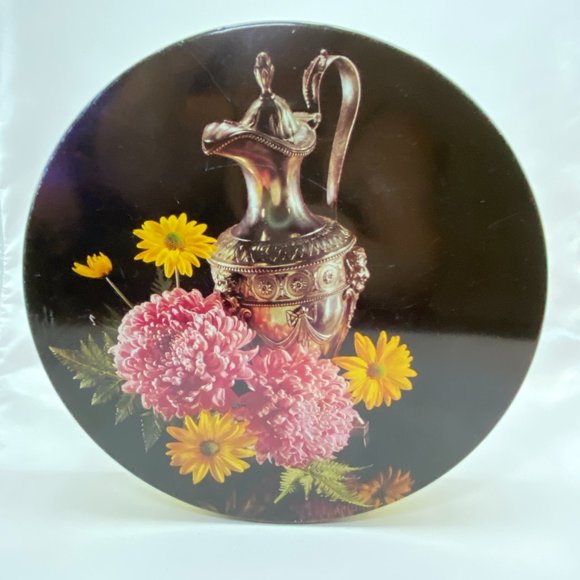 Vintage Round Cookie Candy Metal Tin Container Flowers and Coffee Tea Pot - Picture 2 of 6